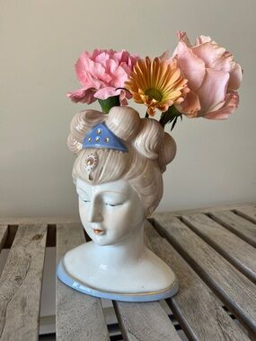 Vintage Lady Head Vase Planter Mid Century Ceramic Bust Blue Gold Vanity Decor